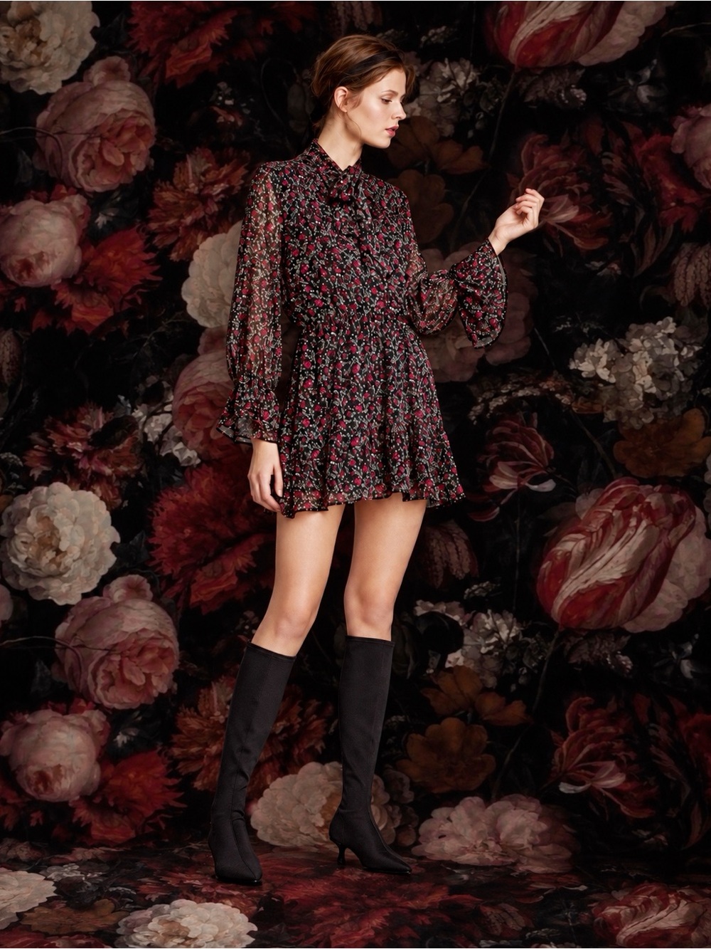 Zara Woman Black Dainty Floral Chiffon Bow Neck Ruffle Sleeve Dress Whimsigoth